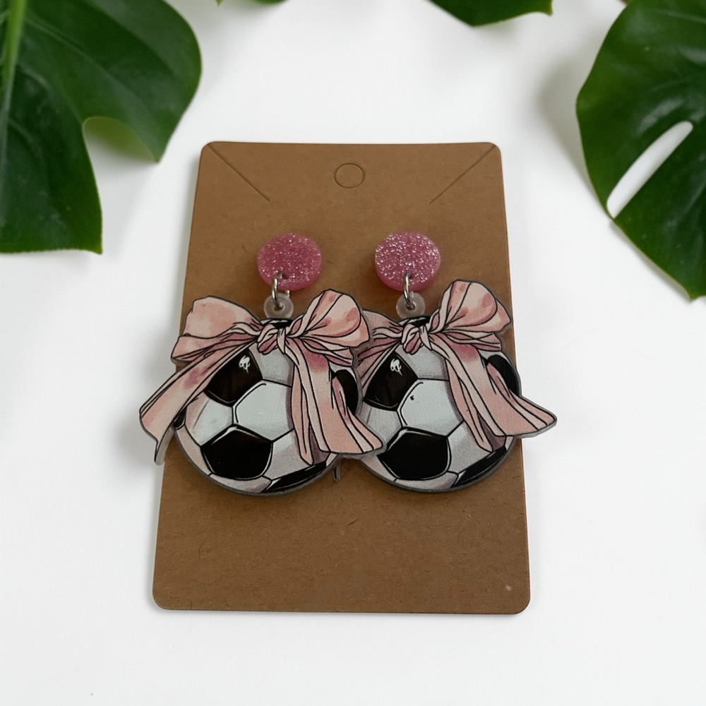 ⚽🎀 Soccer Bow Statement Earrings – Glitter Pink Stud Dangles 🎀⚽